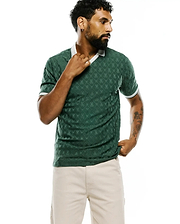 Mens Garry Jacquard Johnny Collar Polo in deep green, featuring an all-over tonal jacquard pattern of the iconic Psycho Bunny skull logo, a crisp white Johnny collar, and white striped sleeve cuffs, offering a refined slim fit. (6)