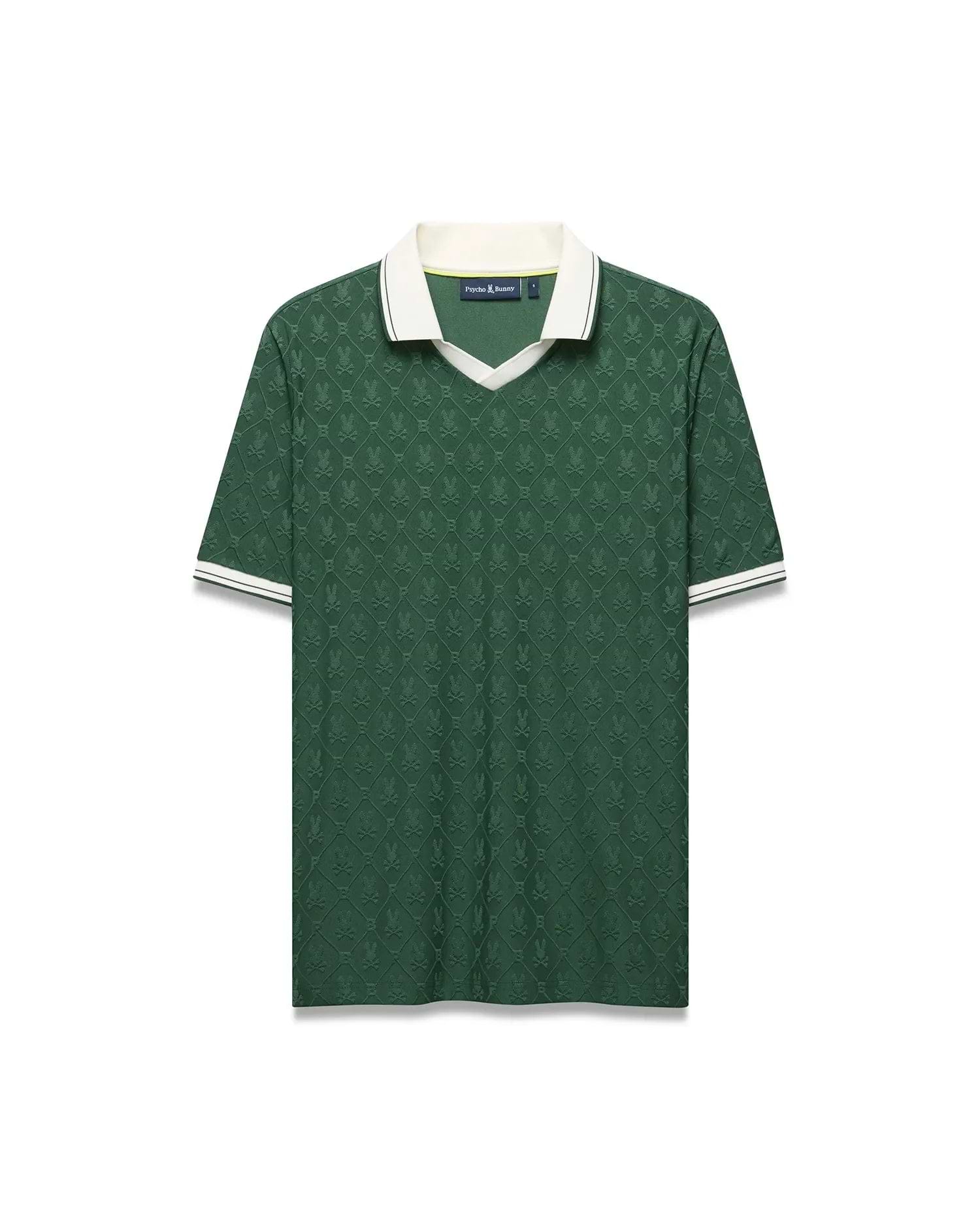 Mens Garry Jacquard Johnny Collar Polo, deep green with tonal bunny skull jacquard. Features a white Johnny collar and striped ribbed cuffs, plus a small embroidered Psycho Bunny logo on the left chest. (8)