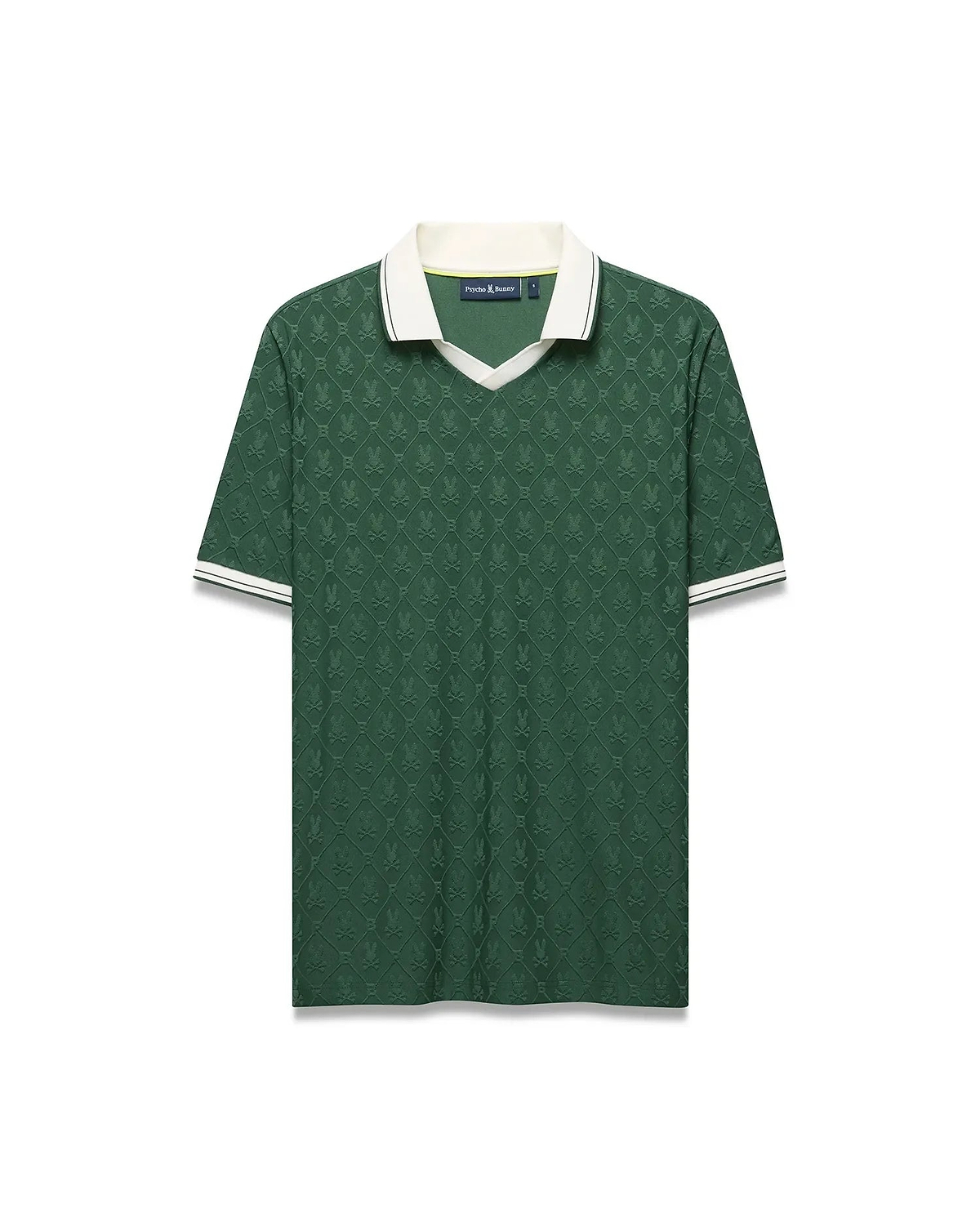 Mens Garry Jacquard Johnny Collar Polo, deep green with tonal bunny skull jacquard. Features a white Johnny collar and striped ribbed cuffs, plus a small embroidered Psycho Bunny logo on the left chest. (8)