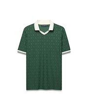 Mens Garry Jacquard Johnny Collar Polo, deep green with tonal bunny skull jacquard. Features a white Johnny collar and striped ribbed cuffs, plus a small embroidered Psycho Bunny logo on the left chest. (8)