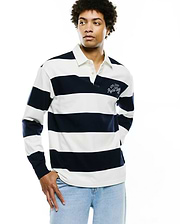 Mens Keven Ls Relaxed Fit Polo in navy blue and white horizontal stripes, featuring a white collar, two-button placket, and an embroidered white ATHL DEPT Psycho Bunny 2005 logo on the left chest. Soft jersey knit.