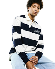 Mens Keven Ls Relaxed Fit Polo in navy and white horizontal stripes, featuring a relaxed fit cotton jersey fabric and an embroidered Athl Dept Psycho Bunny Est. 2005 logo on the left chest.