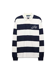 Mens Keven Ls Relaxed Fit Polo in navy and white horizontal stripes, featuring an off-white collar, two-button placket, and embroidered ATHL. DEPT. Psycho Bunny EST. 2005 logo on the left chest.
