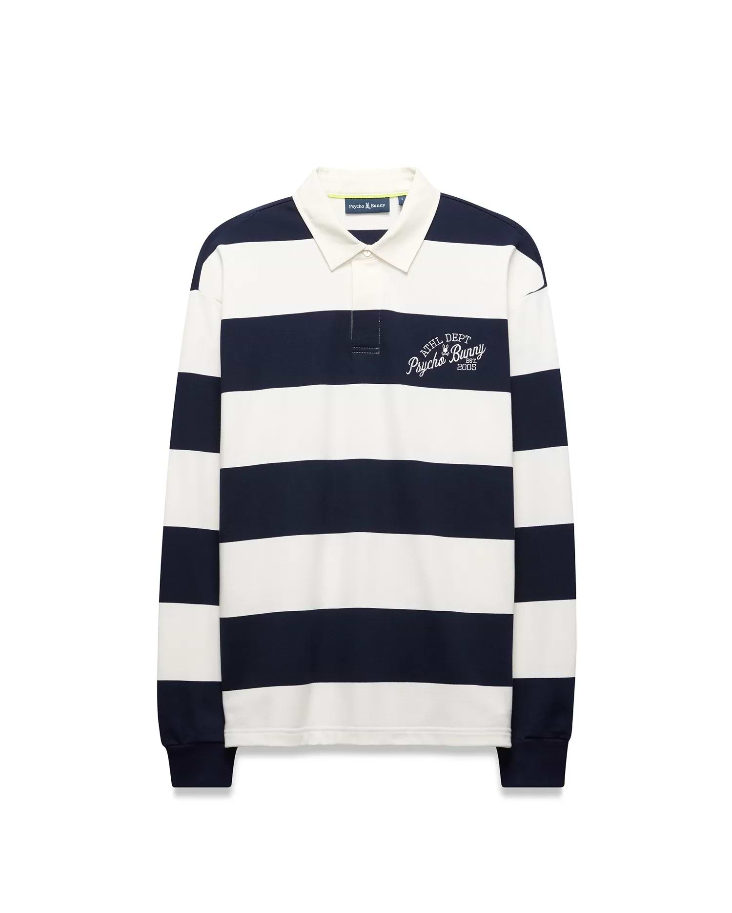 Mens Keven Ls Relaxed Fit Polo in navy and white horizontal stripes, featuring an off-white collar, two-button placket, and embroidered ATHL. DEPT. Psycho Bunny EST. 2005 logo on the left chest.