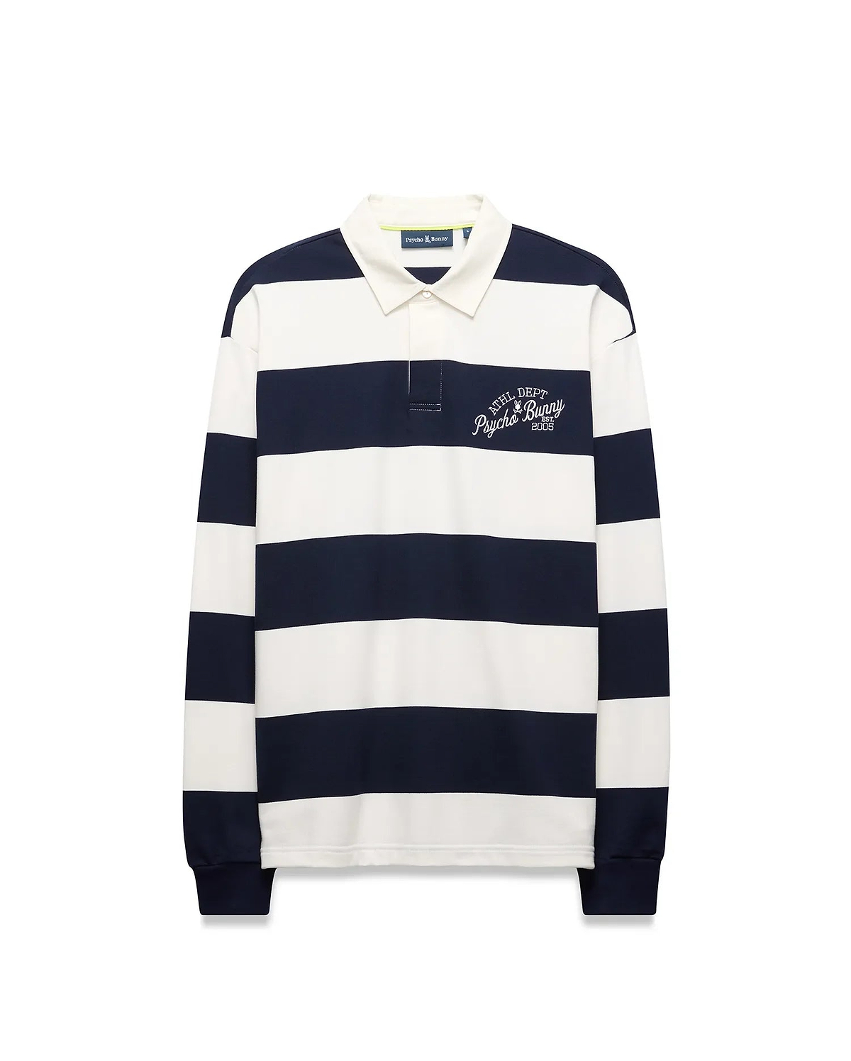 Mens Keven Ls Relaxed Fit Polo in navy and white horizontal stripes, featuring an off-white collar, two-button placket, and embroidered ATHL. DEPT. Psycho Bunny EST. 2005 logo on the left chest.