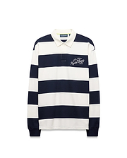 Mens Keven Ls Relaxed Fit Polo in navy and white horizontal stripes, featuring an off-white collar, two-button placket, and embroidered ATHL. DEPT. Psycho Bunny EST. 2005 logo on the left chest.
