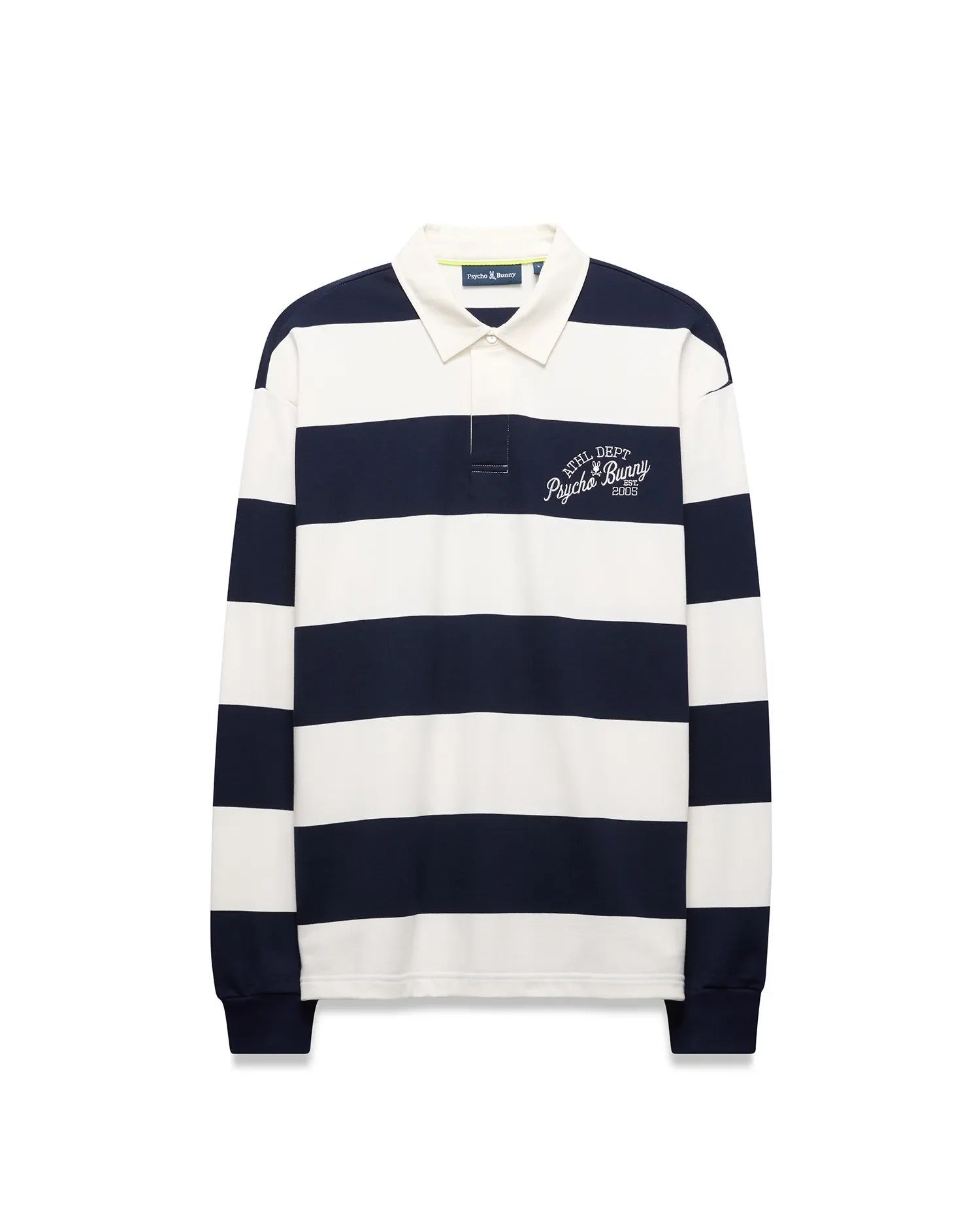 Mens Keven Ls Relaxed Fit Polo in navy and white horizontal stripes, featuring an off-white collar, two-button placket, and embroidered ATHL. DEPT. Psycho Bunny EST. 2005 logo on the left chest.