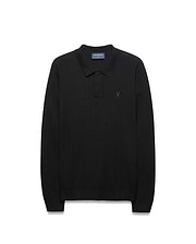 Mens Leroy Long Sleeve Knit Polo in black, featuring a classic fit, textured knit fabric, and a small, tonal embroidered Psycho Bunny skull logo on the left chest.