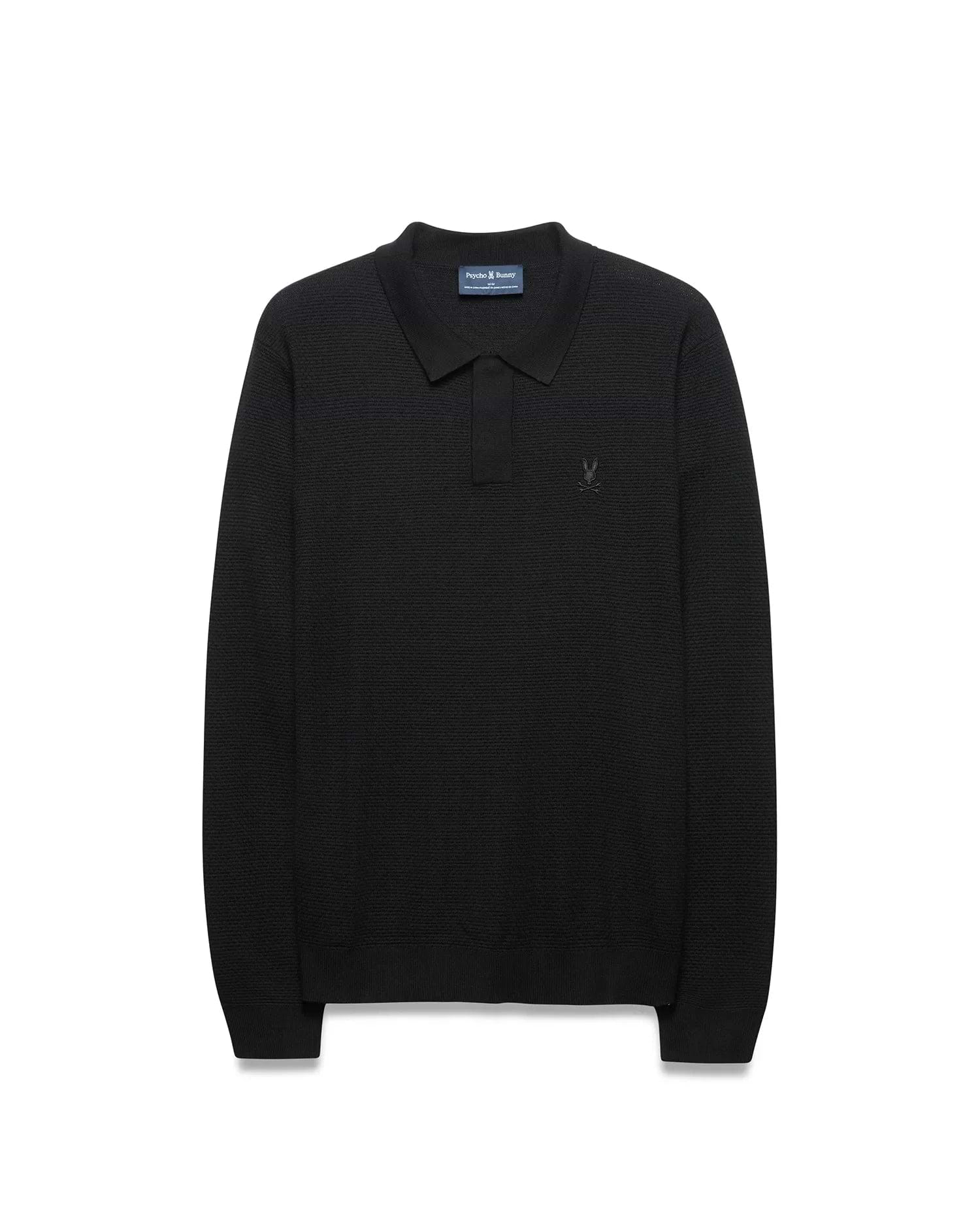 Mens Leroy Long Sleeve Knit Polo in black, featuring a classic fit, textured knit fabric, and a small, tonal embroidered Psycho Bunny skull logo on the left chest.
