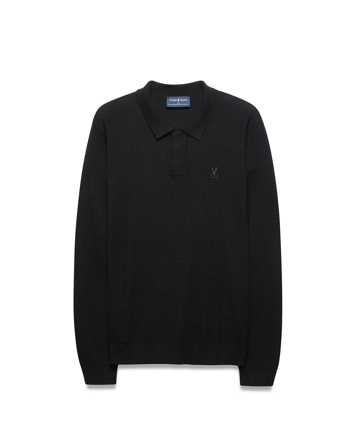 Mens Leroy Long Sleeve Knit Polo in black, featuring a classic fit, textured knit fabric, and a small, tonal embroidered Psycho Bunny skull logo on the left chest.