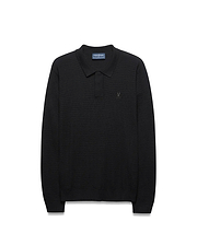 Mens Leroy Long Sleeve Knit Polo in black, featuring a classic fit, textured knit fabric, and a small, tonal embroidered Psycho Bunny skull logo on the left chest.