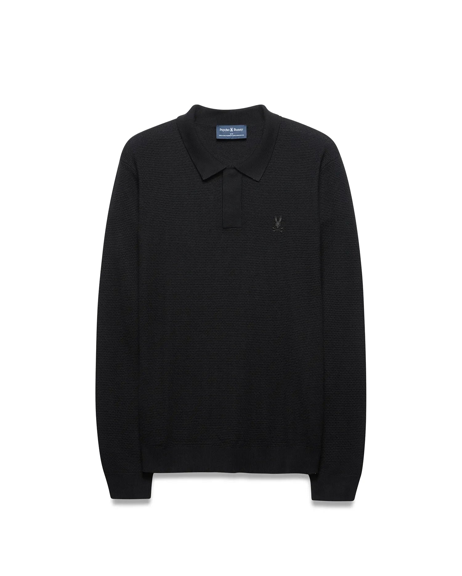Mens Leroy Long Sleeve Knit Polo in black, featuring a classic fit, textured knit fabric, and a small, tonal embroidered Psycho Bunny skull logo on the left chest.