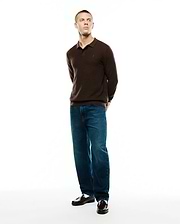 Men's Leroy Longsleeve Knit Polo, a classic fit brown horizontally ribbed knit polo with a small embroidered Psycho Bunny skull logo on the left chest. (4)