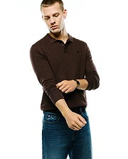 Men's Leroy Longsleeve Knit Polo in rich dark brown, featuring a subtle textured knit pattern, classic collar, two-button placket, and a small embroidered Psycho Bunny skull logo on the left chest for a refined streetwear look. (1)