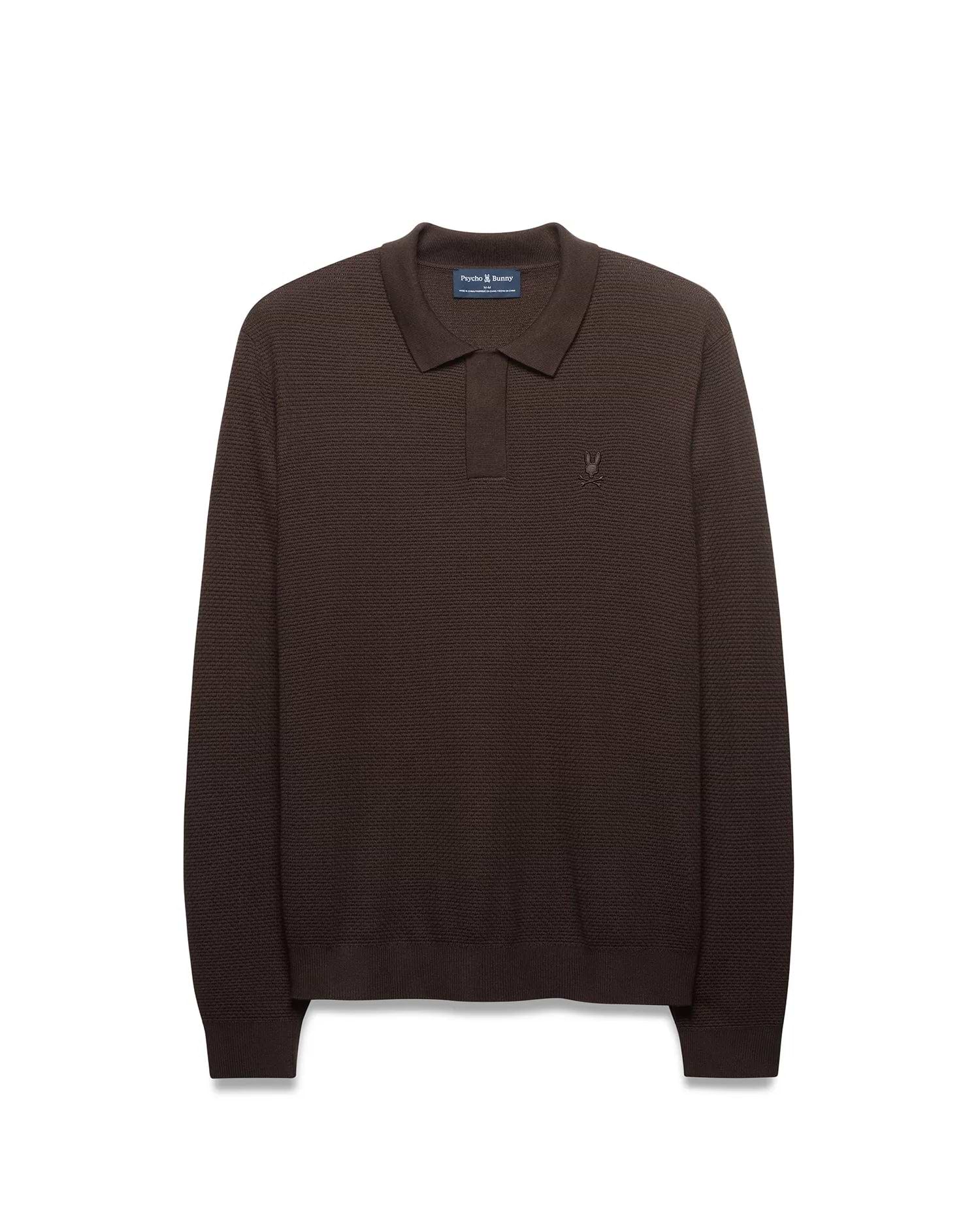 Men's Leroy Longsleeve Knit Polo in chocolate brown, featuring a subtle textured knit pattern, classic fit, and a small tonal embroidered Psycho Bunny skull logo on the left chest. (5)