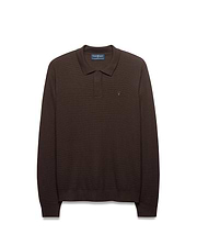 Men's Leroy Longsleeve Knit Polo in chocolate brown, featuring a subtle textured knit pattern, classic fit, and a small tonal embroidered Psycho Bunny skull logo on the left chest. (5)