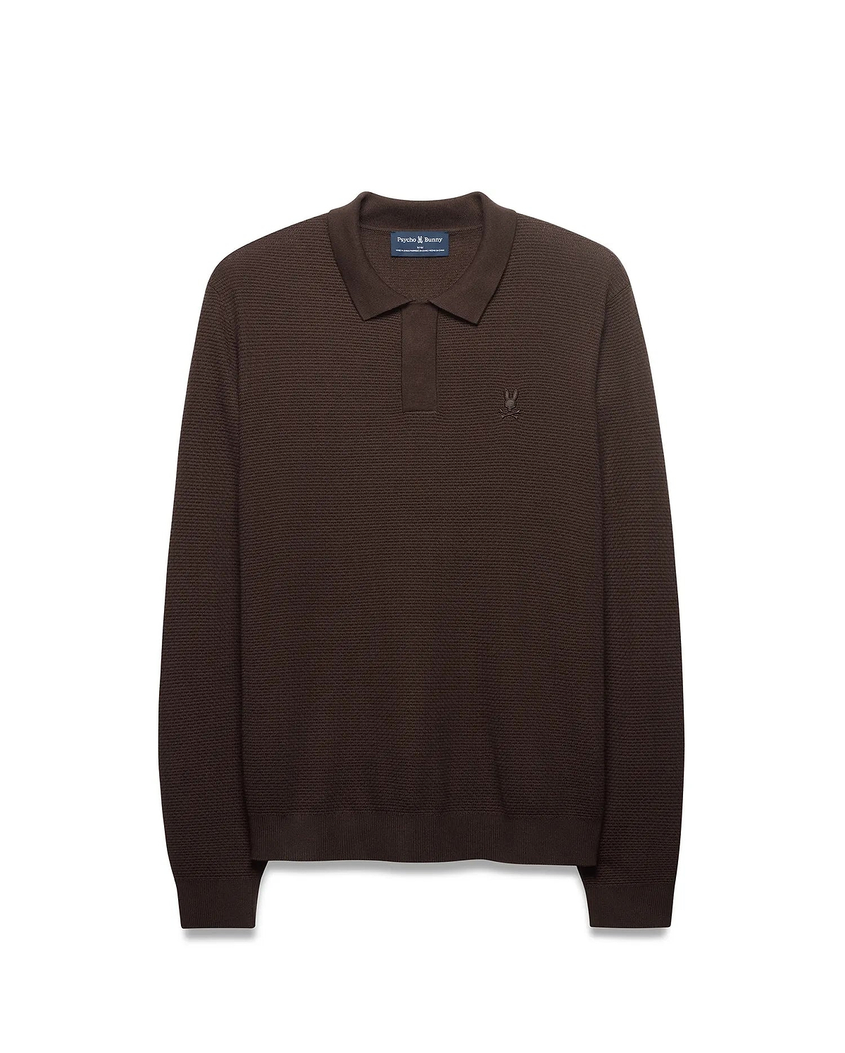 Men's Leroy Longsleeve Knit Polo in chocolate brown, featuring a subtle textured knit pattern, classic fit, and a small tonal embroidered Psycho Bunny skull logo on the left chest. (5)