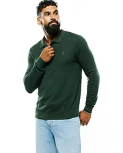Dark green Mens Leroy Long Sleeve Knit Polo, classic fit, featuring a textured knit fabric, polo collar, ribbed cuffs and hem, and a small embroidered Psycho Bunny skull logo on the left chest.