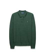 Mens Leroy Long Sleeve Knit Polo in dark green, featuring a textured knit fabric, classic fit, two-button placket, and small embroidered Psycho Bunny skull logo on the left chest.