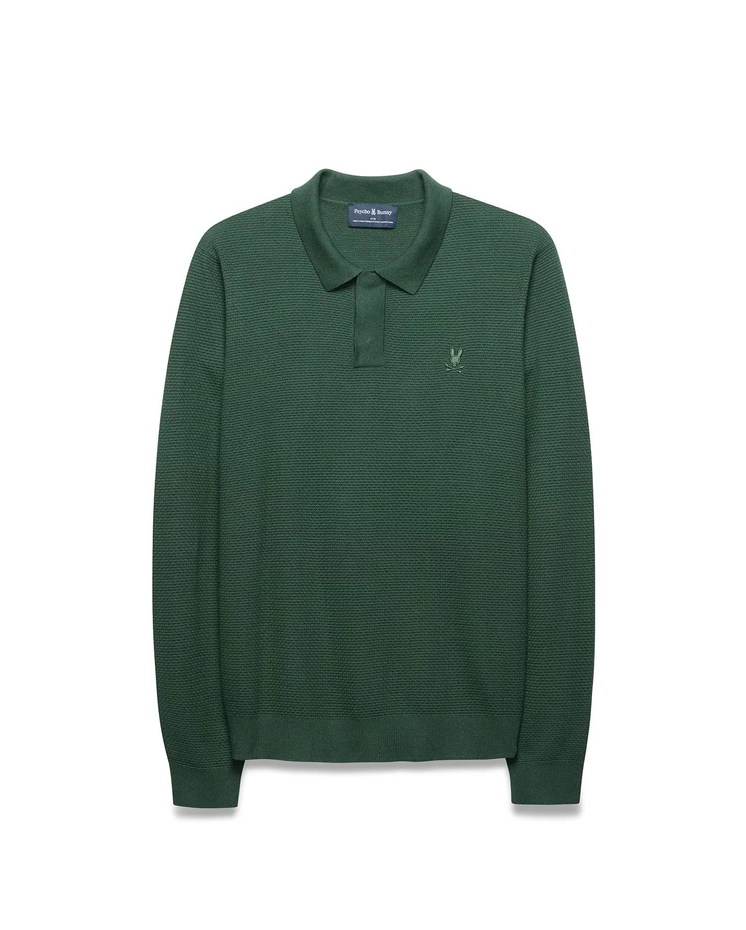 Mens Leroy Long Sleeve Knit Polo in dark green, featuring a textured knit fabric, classic fit, two-button placket, and small embroidered Psycho Bunny skull logo on the left chest.