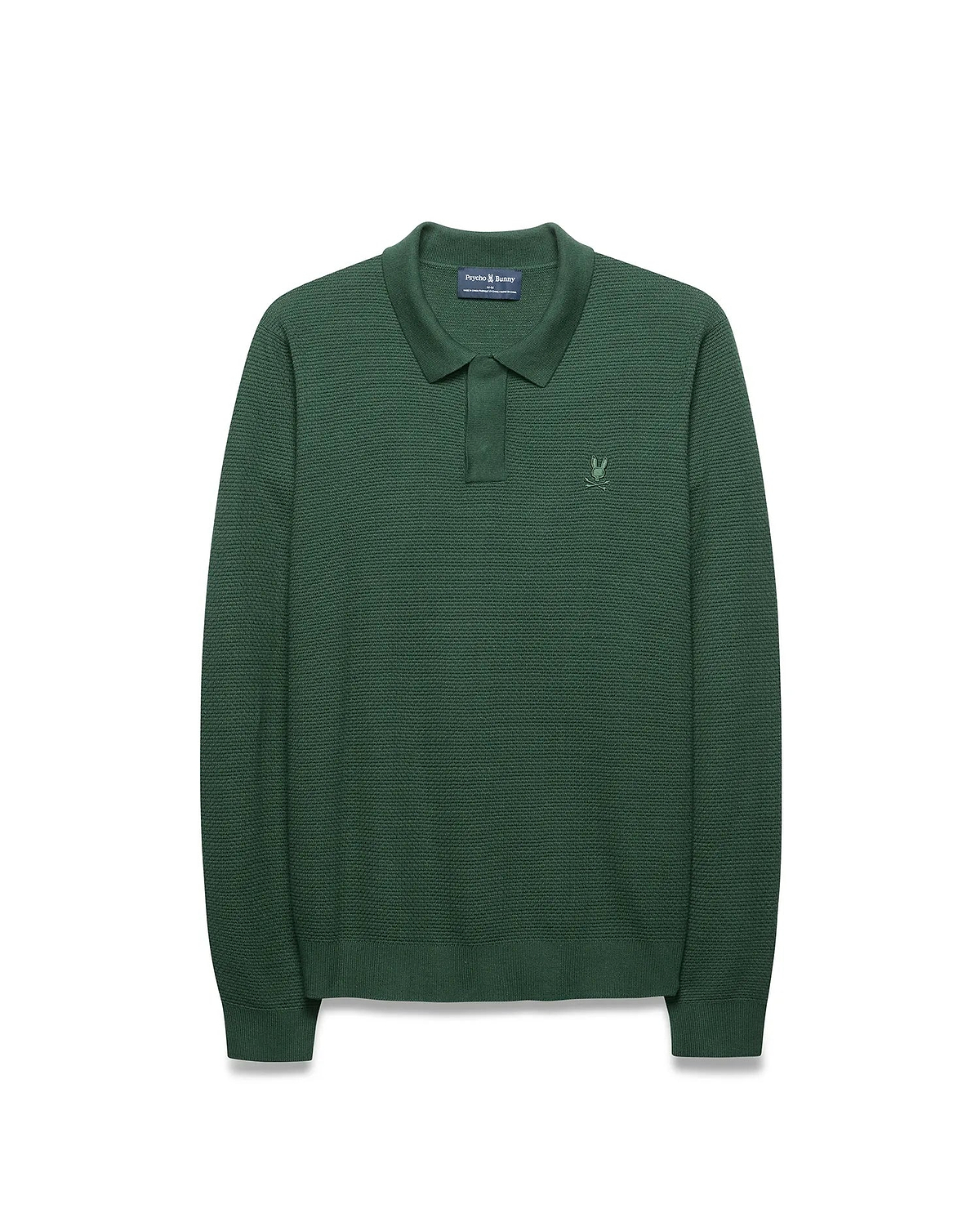 Mens Leroy Long Sleeve Knit Polo in dark green, featuring a textured knit fabric, classic fit, two-button placket, and small embroidered Psycho Bunny skull logo on the left chest.