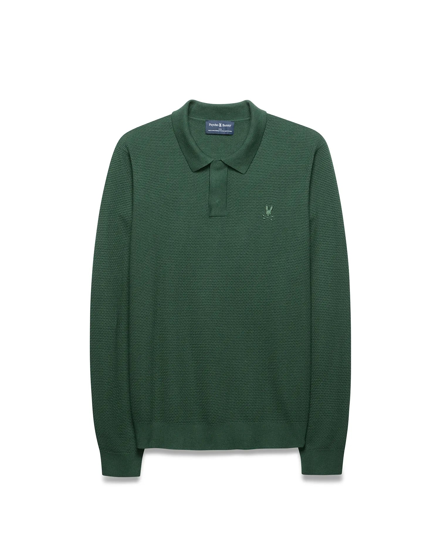 Mens Leroy Long Sleeve Knit Polo in dark green, featuring a textured knit fabric, classic fit, two-button placket, and small embroidered Psycho Bunny skull logo on the left chest.