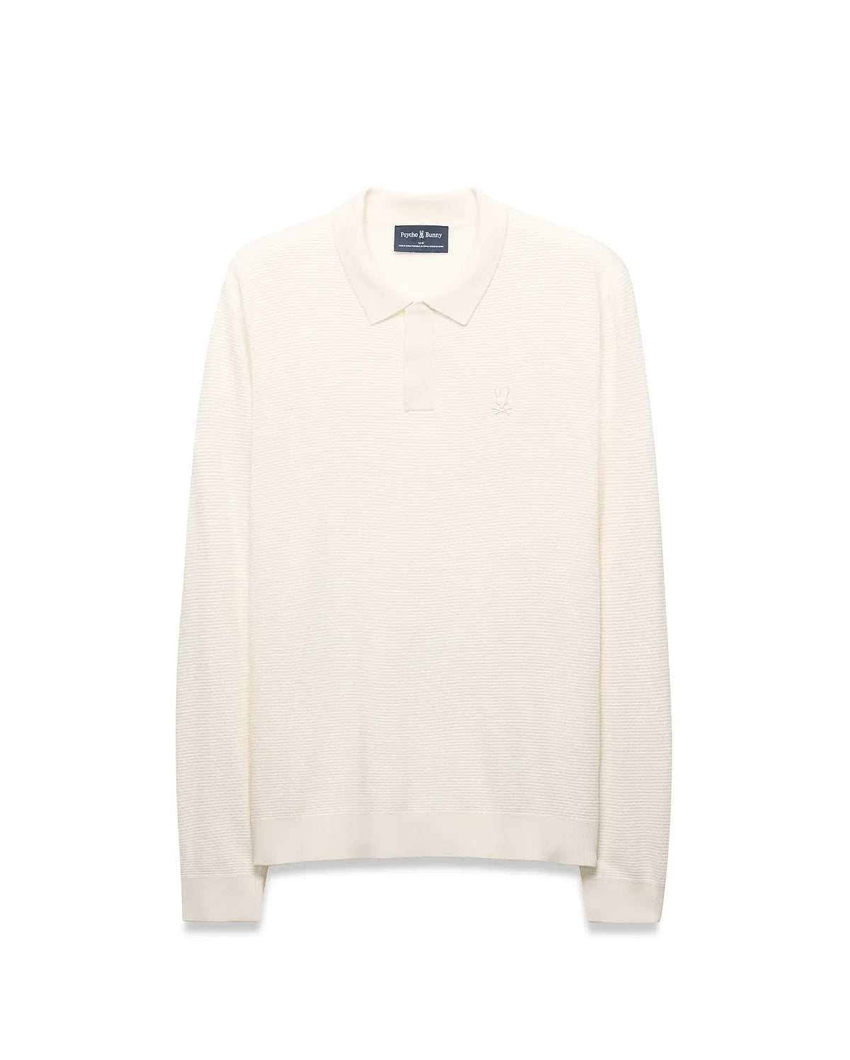 Mens Leroy Long Sleeve Knit Polo in cream, featuring a classic fit, horizontal ribbed knit texture, two-button placket, and a small embroidered Psycho Bunny skull logo on the left chest.