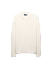 Mens Leroy Long Sleeve Knit Polo in cream, featuring a classic fit, horizontal ribbed knit texture, two-button placket, and a small embroidered Psycho Bunny skull logo on the left chest.