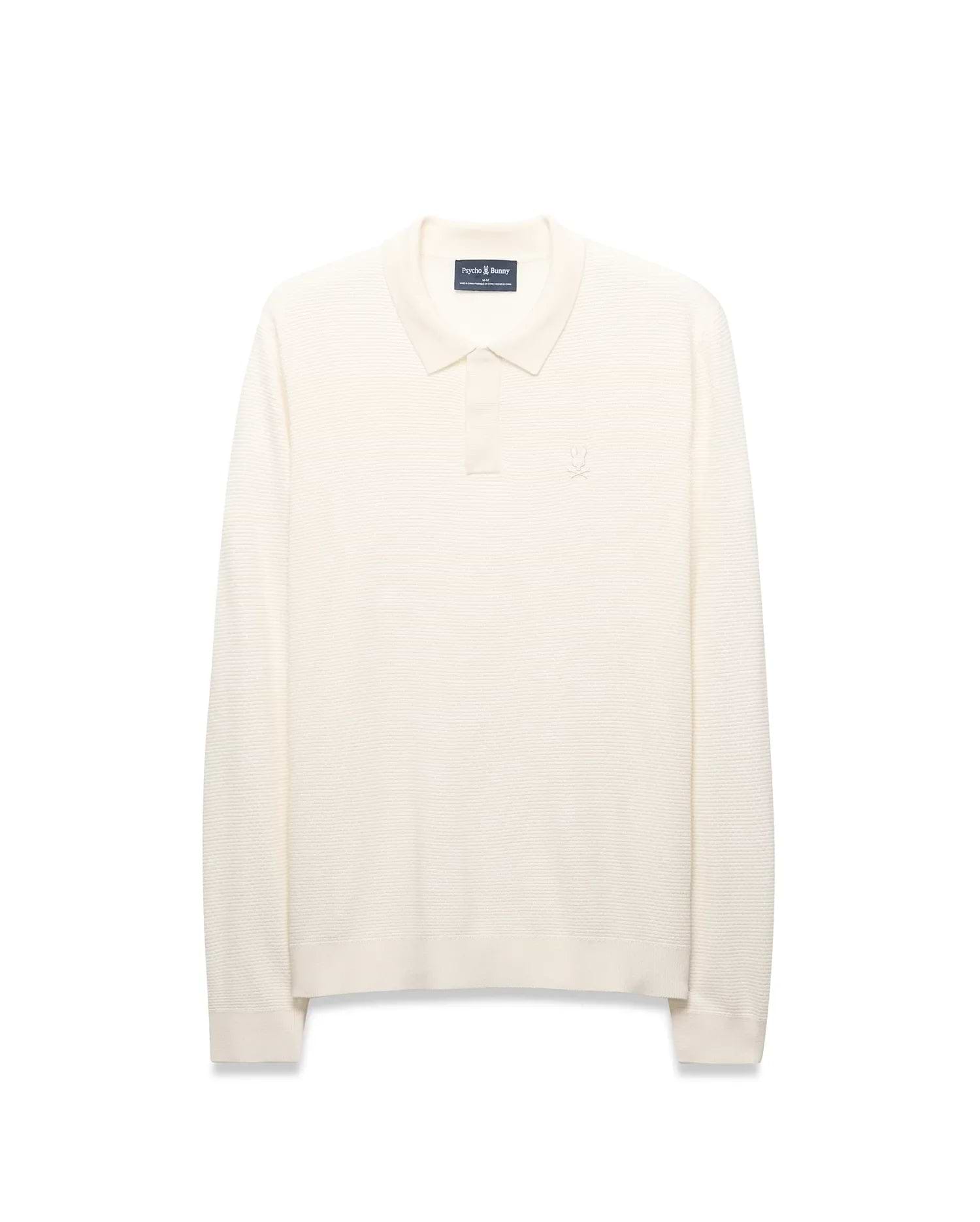 Mens Leroy Long Sleeve Knit Polo in cream, featuring a classic fit, horizontal ribbed knit texture, two-button placket, and a small embroidered Psycho Bunny skull logo on the left chest.