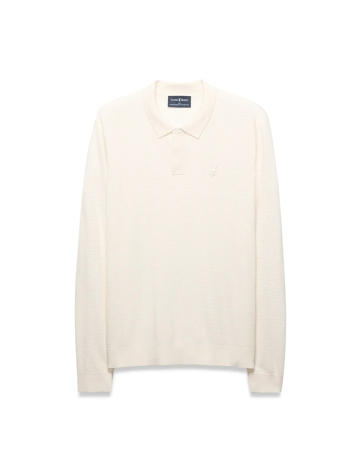 Mens Leroy Long Sleeve Knit Polo in cream, featuring a classic fit, horizontal ribbed knit texture, two-button placket, and a small embroidered Psycho Bunny skull logo on the left chest.