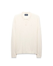 Mens Leroy Long Sleeve Knit Polo in cream, featuring a classic fit, horizontal ribbed knit texture, two-button placket, and a small embroidered Psycho Bunny skull logo on the left chest.