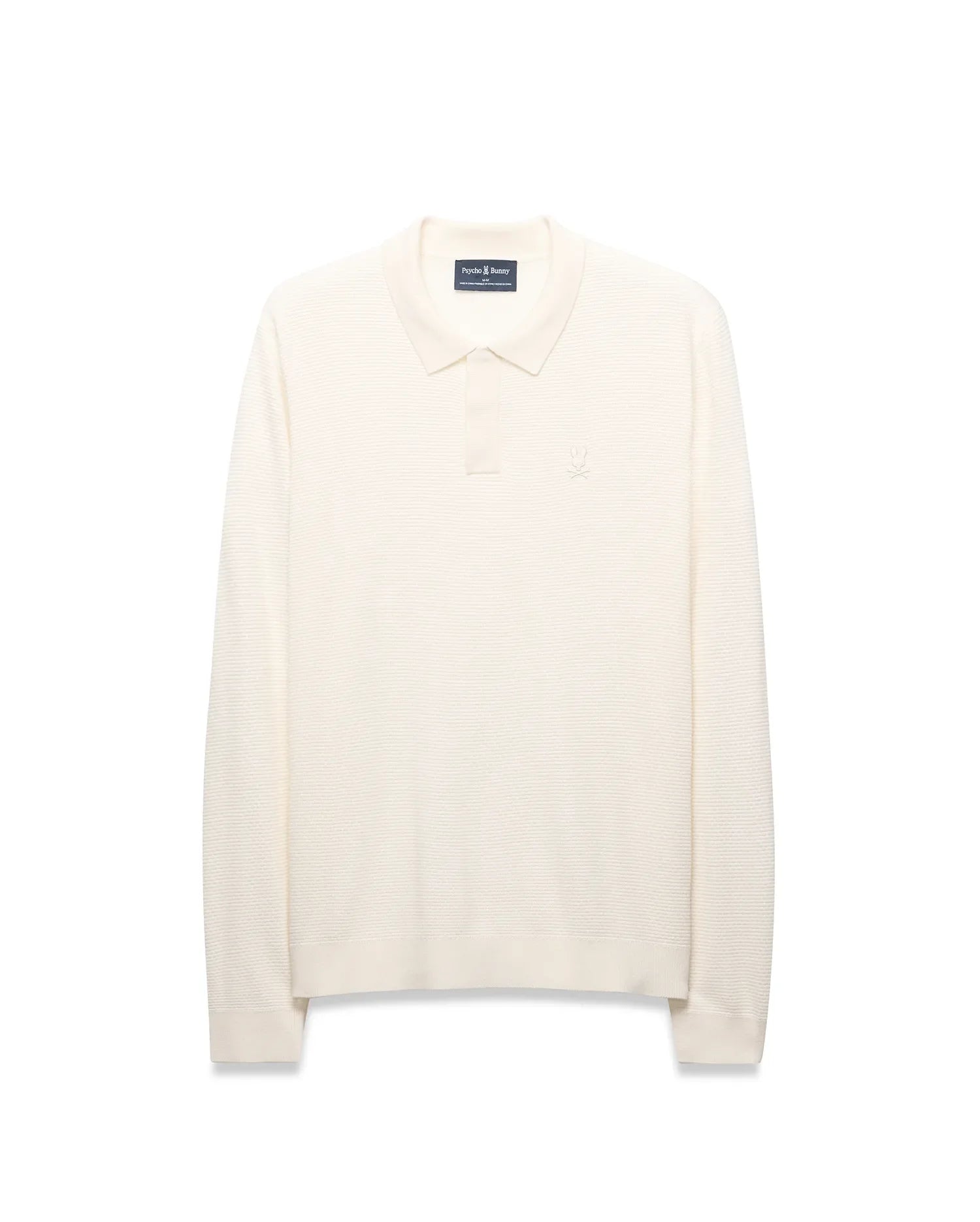 Mens Leroy Long Sleeve Knit Polo in cream, featuring a classic fit, horizontal ribbed knit texture, two-button placket, and a small embroidered Psycho Bunny skull logo on the left chest.