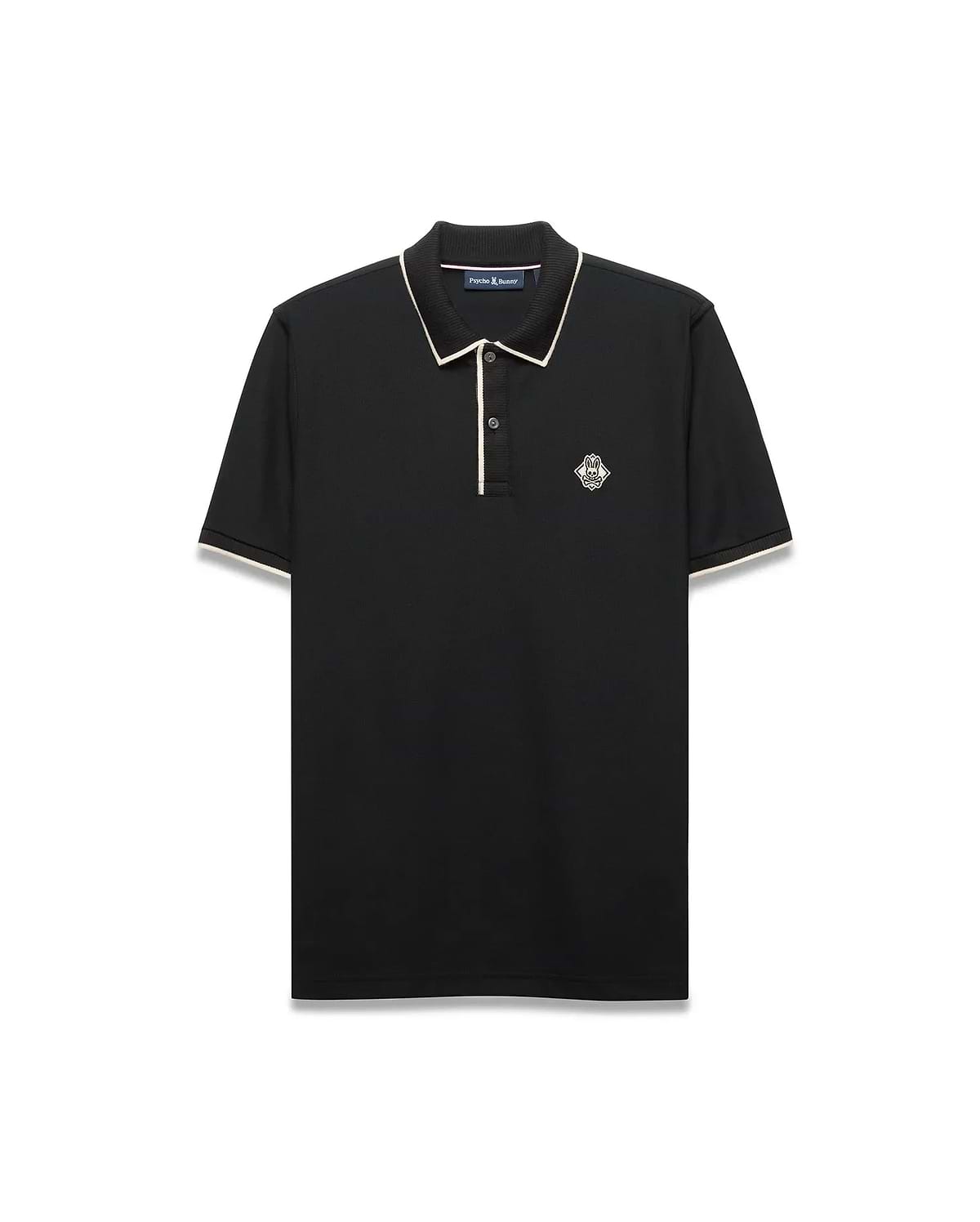 Mens Robin Pique Polo, black classic fit with cream piping on the collar and cuffs, featuring a textured pique fabric and an embroidered Psycho Bunny skull logo on the left chest.
