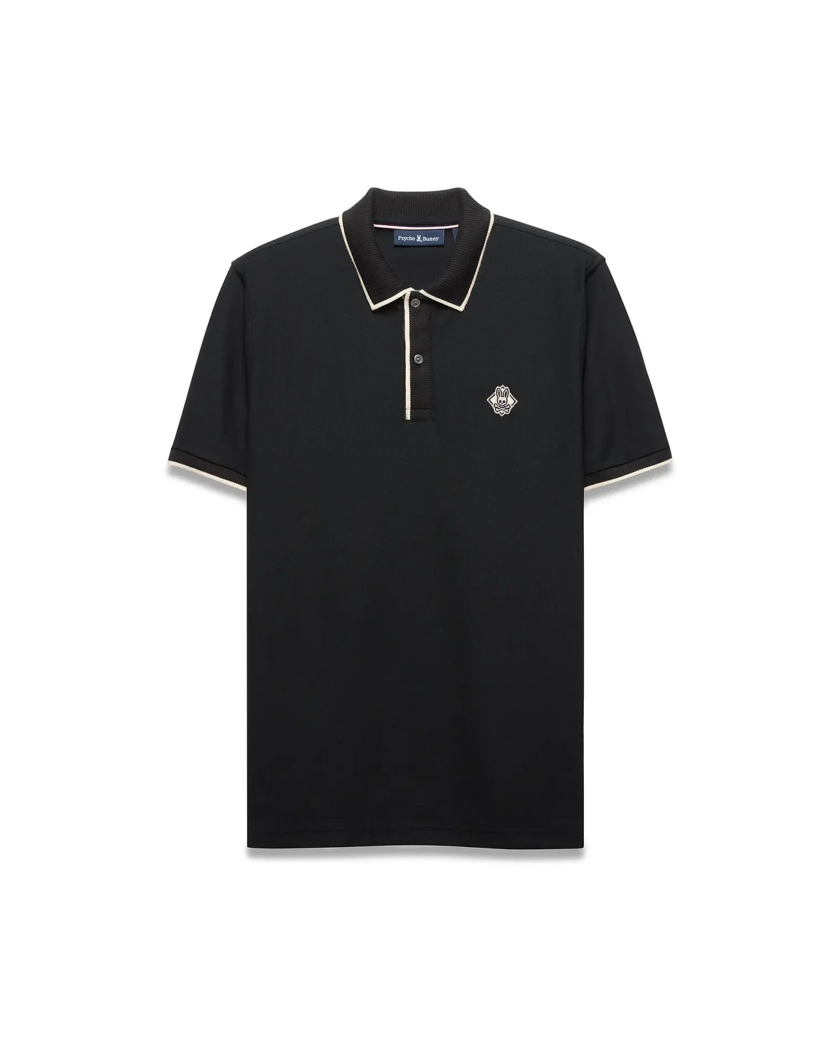 Mens Robin Pique Polo, black classic fit with cream piping on the collar and cuffs, featuring a textured pique fabric and an embroidered Psycho Bunny skull logo on the left chest.