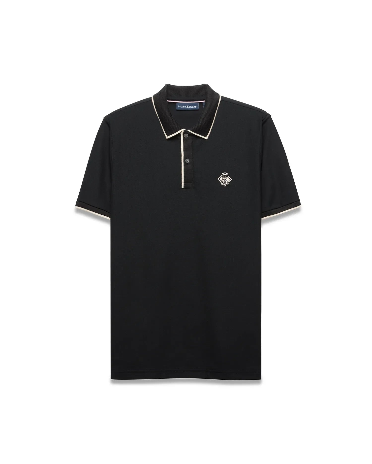 Mens Robin Pique Polo, black classic fit with cream piping on the collar and cuffs, featuring a textured pique fabric and an embroidered Psycho Bunny skull logo on the left chest.