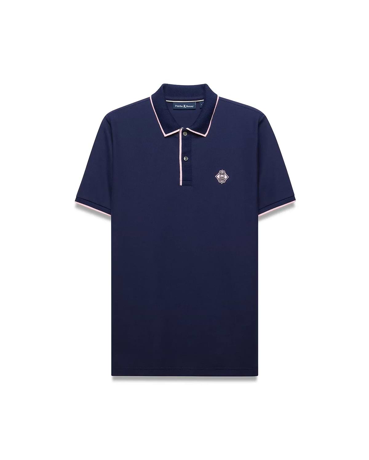 Mens Robin Pique Polo in navy pique with pink trim on the collar, placket, and sleeve cuffs, featuring an embroidered pink Psycho Bunny skull logo on the left chest.