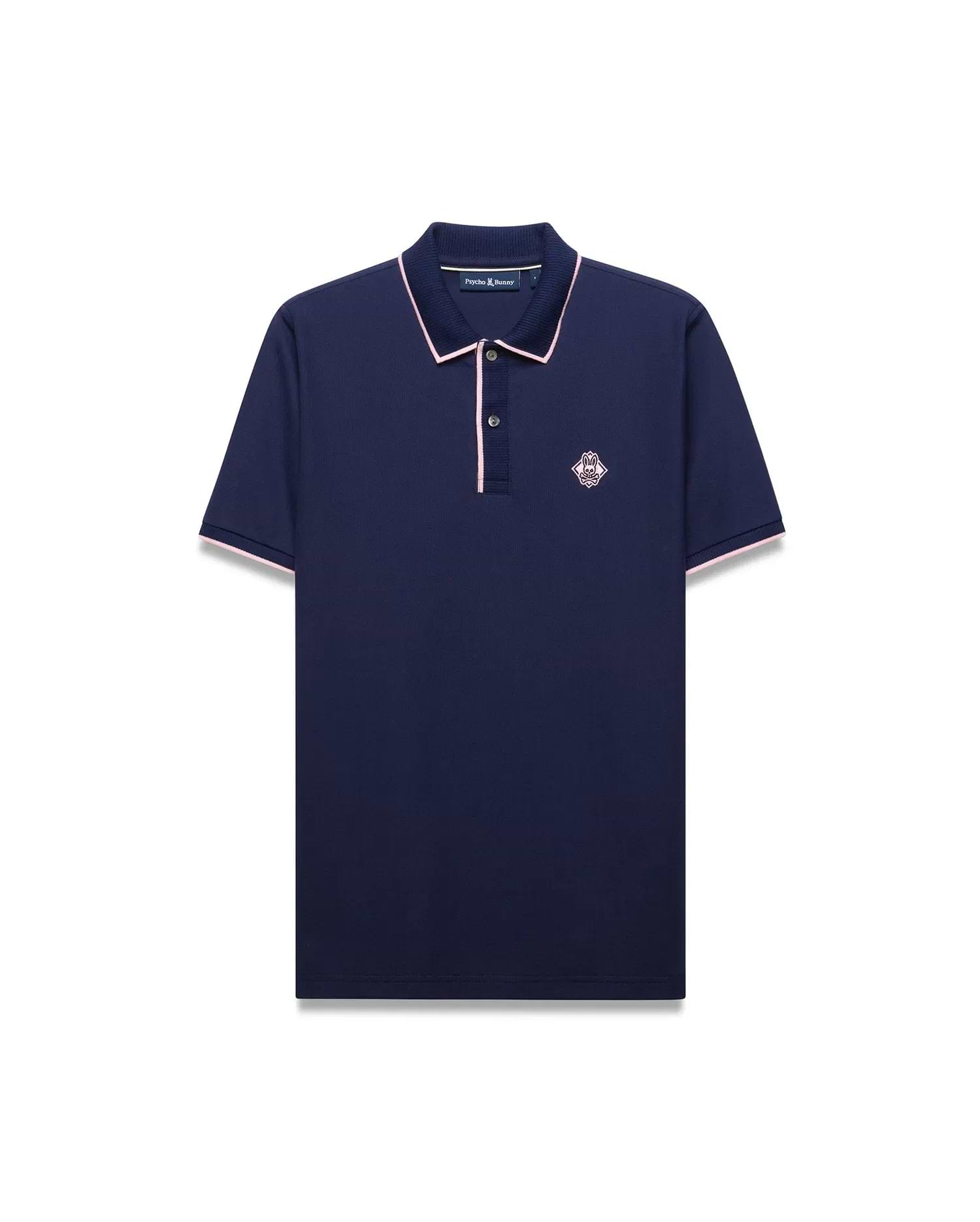 Mens Robin Pique Polo in navy pique with pink trim on the collar, placket, and sleeve cuffs, featuring an embroidered pink Psycho Bunny skull logo on the left chest.