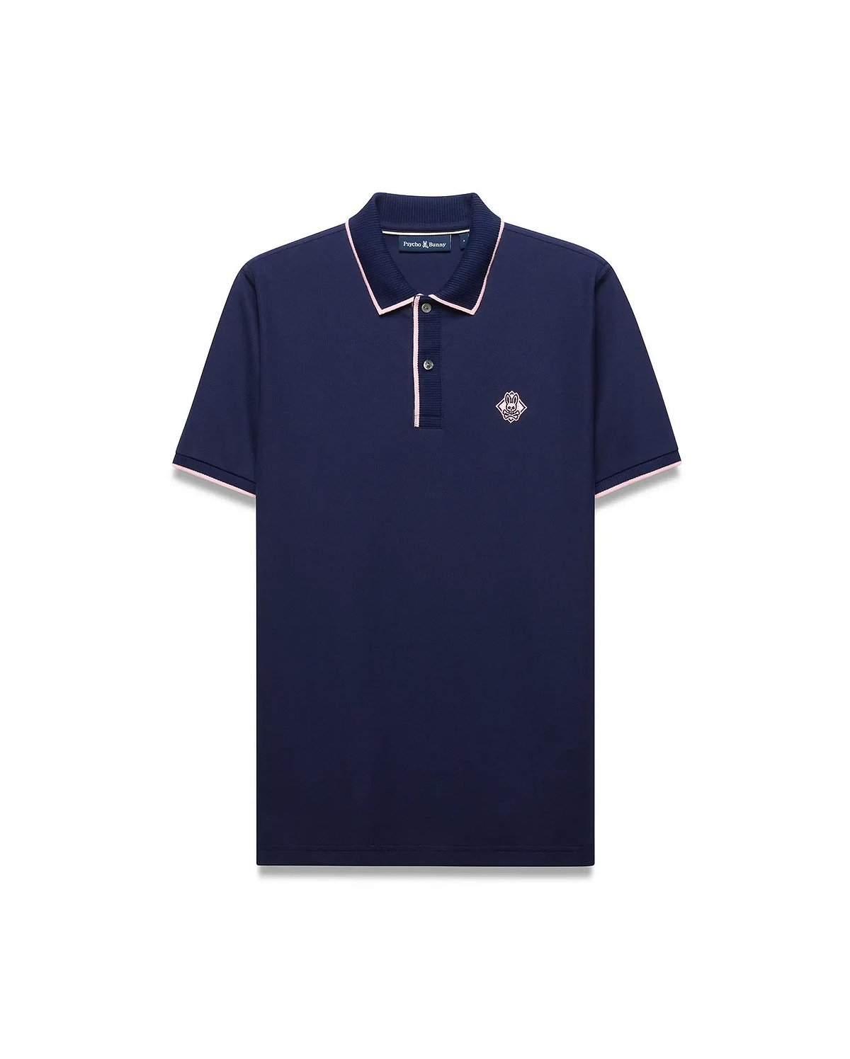 Mens Robin Pique Polo in navy pique with pink trim on the collar, placket, and sleeve cuffs, featuring an embroidered pink Psycho Bunny skull logo on the left chest.