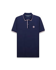 Mens Robin Pique Polo in navy pique with pink trim on the collar, placket, and sleeve cuffs, featuring an embroidered pink Psycho Bunny skull logo on the left chest.