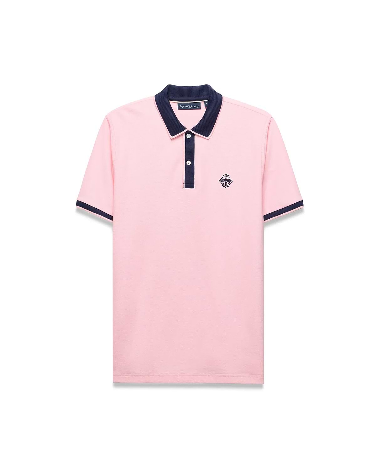 Mens Robin Pique Polo, light pink pique polo with navy ribbed collar, two-button placket, and sleeve cuffs. Features a small navy embroidered Psycho Bunny skull logo on the left chest. Classic fit.