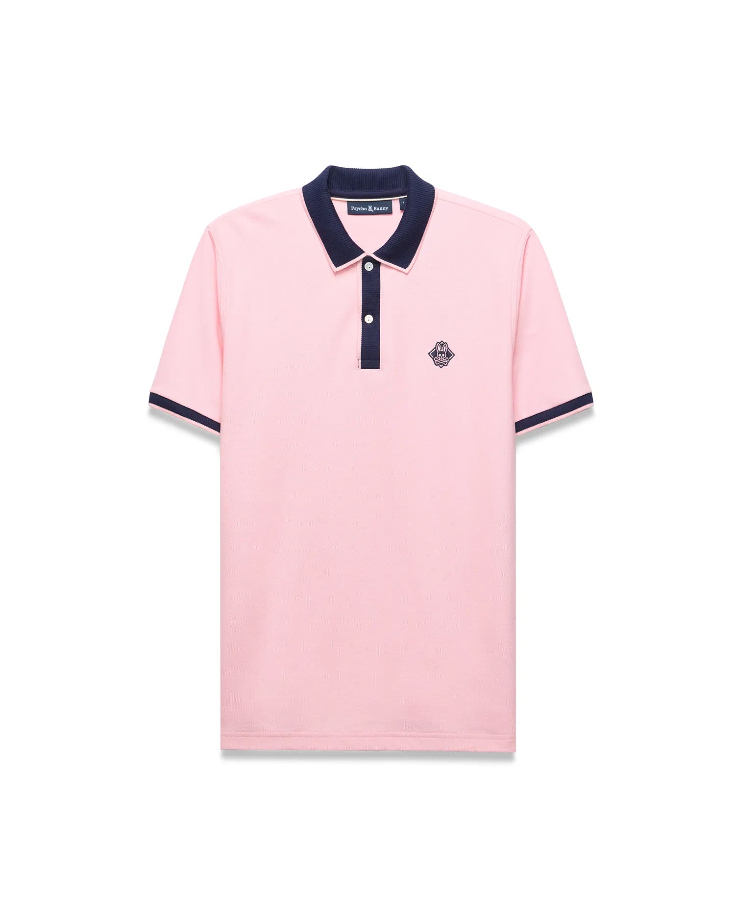 Mens Robin Pique Polo, light pink pique polo with navy ribbed collar, two-button placket, and sleeve cuffs. Features a small navy embroidered Psycho Bunny skull logo on the left chest. Classic fit.