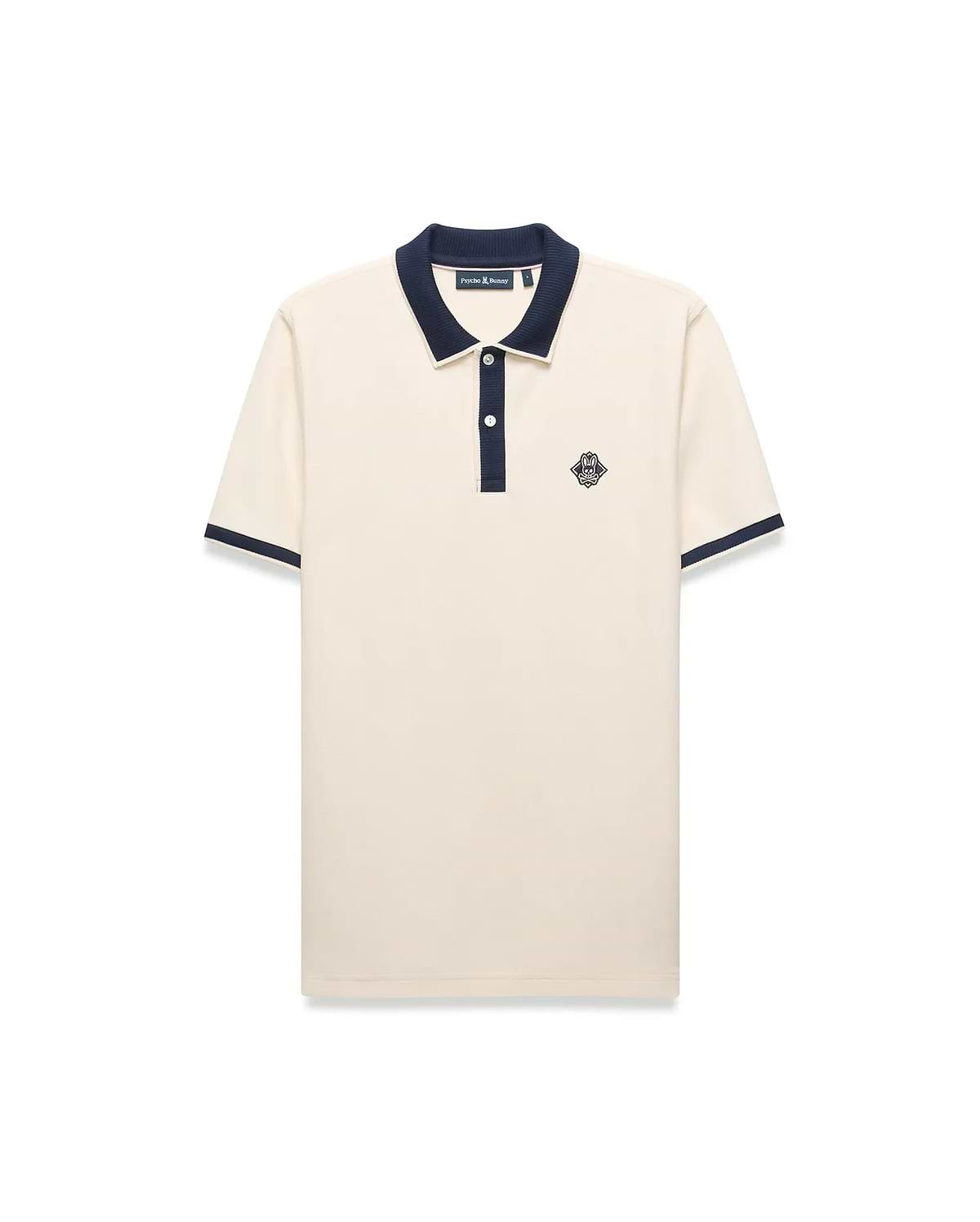 Mens Robin Pique Polo, a classic fit cream pique polo with navy blue ribbed collar, two-button placket, cuffs, and an embroidered Psycho Bunny skull logo on the left chest.