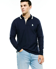 Men's Grover Pique Longsleeve Polo in navy blue, classic fit, with a beige and striped collar, two-button placket, ribbed cuffs, and a small embroidered Psycho Bunny logo on the left chest. (1)