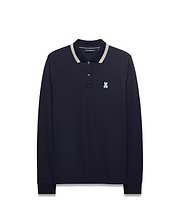 Men's Grover Pique Longsleeve Polo in navy, featuring a classic fit, pique texture, striped collar with light blue, beige, and white accents, and a small embroidered Psycho Bunny skull logo on the left chest. (5)