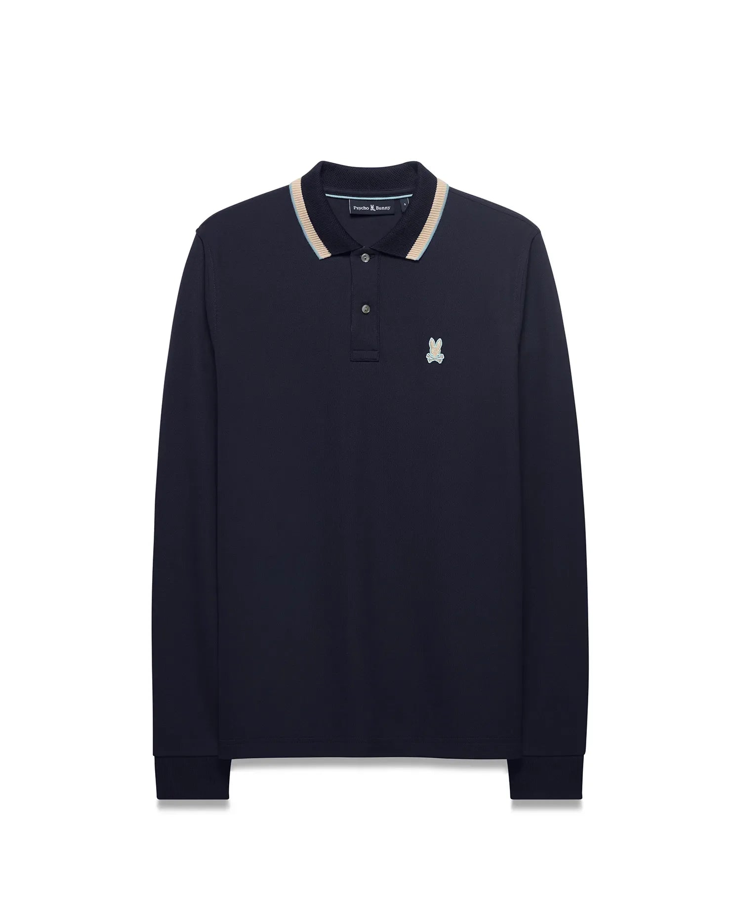 Men's Grover Pique Longsleeve Polo in navy, featuring a classic fit, pique texture, striped collar with light blue, beige, and white accents, and a small embroidered Psycho Bunny skull logo on the left chest. (5)