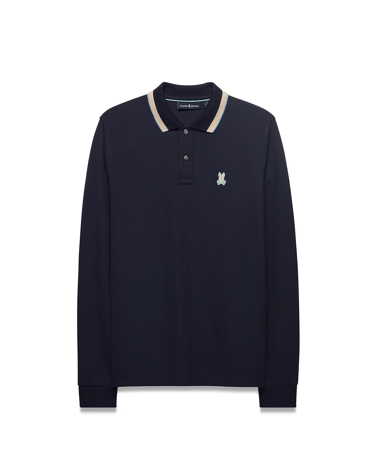Men's Grover Pique Longsleeve Polo in navy, featuring a classic fit, pique texture, striped collar with light blue, beige, and white accents, and a small embroidered Psycho Bunny skull logo on the left chest. (5)