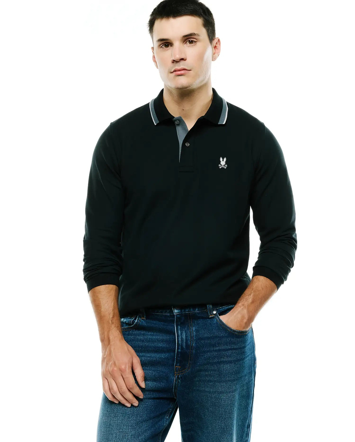 Men's Grover Pique Longsleeve Polo in dark green, featuring a classic fit, grey collar with white stripe, and a small embroidered white Psycho Bunny skull logo on the left chest. (1)