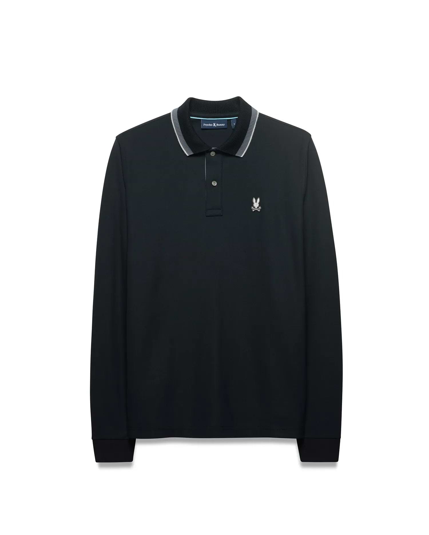 Men's Grover Pique Longsleeve Polo in black, classic fit, with a ribbed collar featuring white and grey stripes, two-button placket, and a small embroidered white Psycho Bunny skull logo on the left chest. (5)