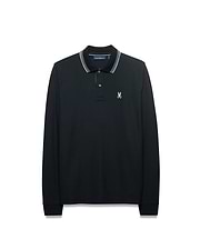 Men's Grover Pique Longsleeve Polo in black, classic fit, with a ribbed collar featuring white and grey stripes, two-button placket, and a small embroidered white Psycho Bunny skull logo on the left chest. (5)