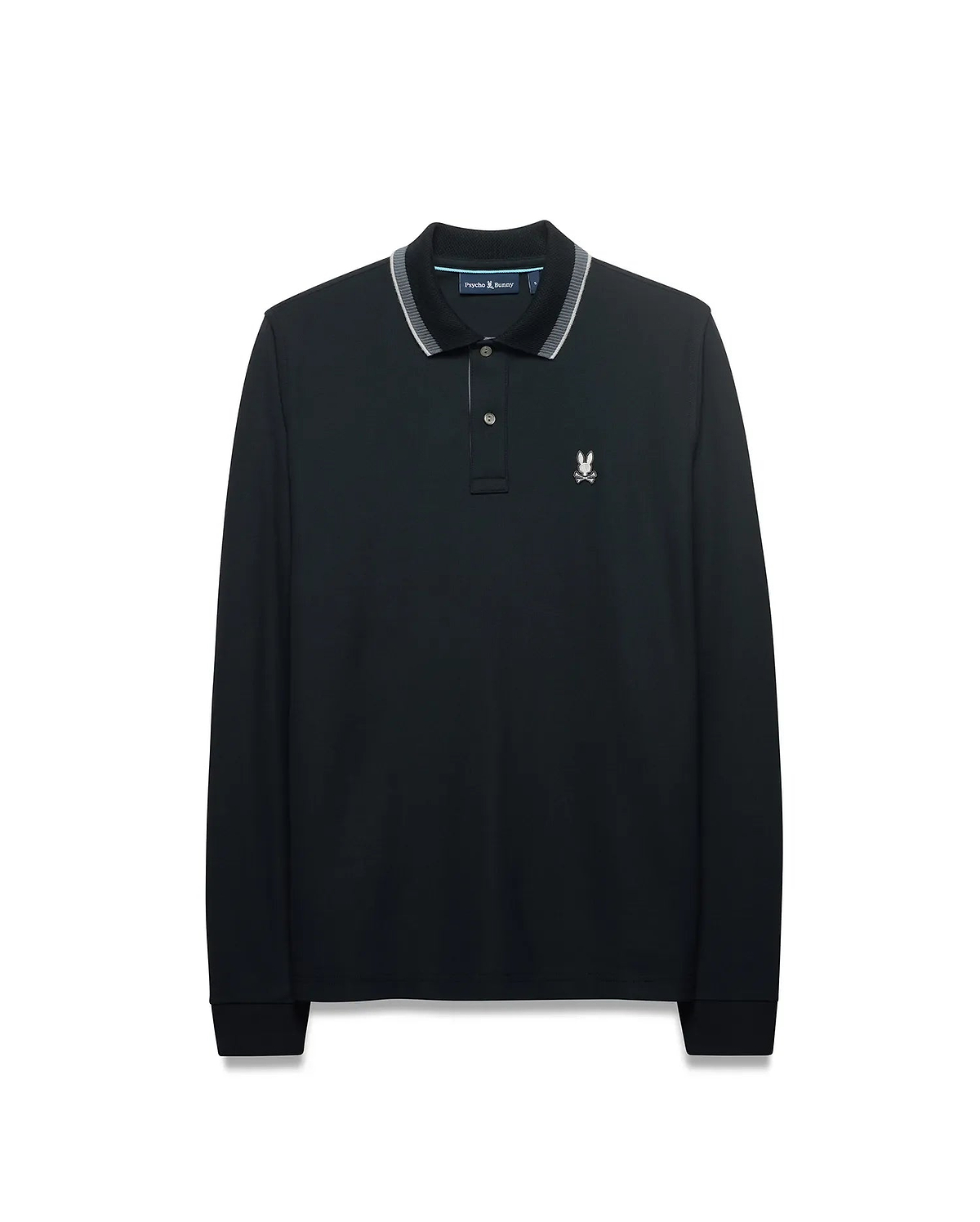 Men's Grover Pique Longsleeve Polo in black, classic fit, with a ribbed collar featuring white and grey stripes, two-button placket, and a small embroidered white Psycho Bunny skull logo on the left chest. (5)